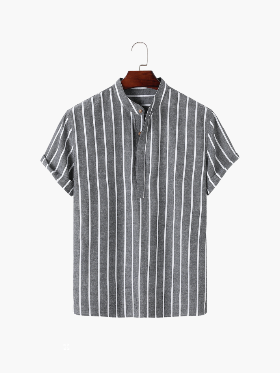 Men's striped polo shirt, gray with white vertical stripes, short sleeves and button placket