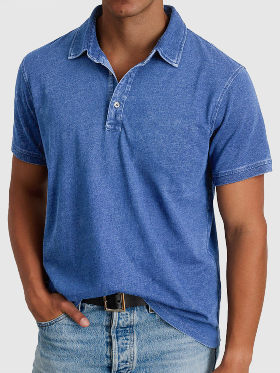 Men's casual polo shirt, blue short sleeves, button placket, ribbed collar