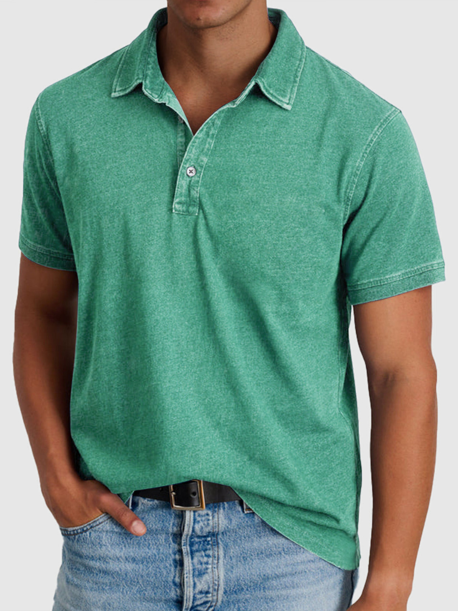 Men's casual polo shirt, green short sleeves, button placket, ribbed collar