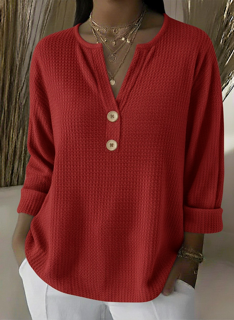 Red henley button top, waffle-knit long sleeve with V-neck and three buttons