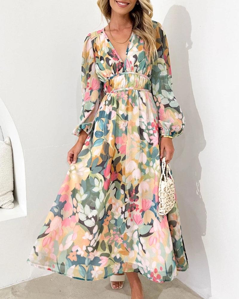 Abito femminile floreale multicolore con scollo a V, cintura in vita e gonna svasata
