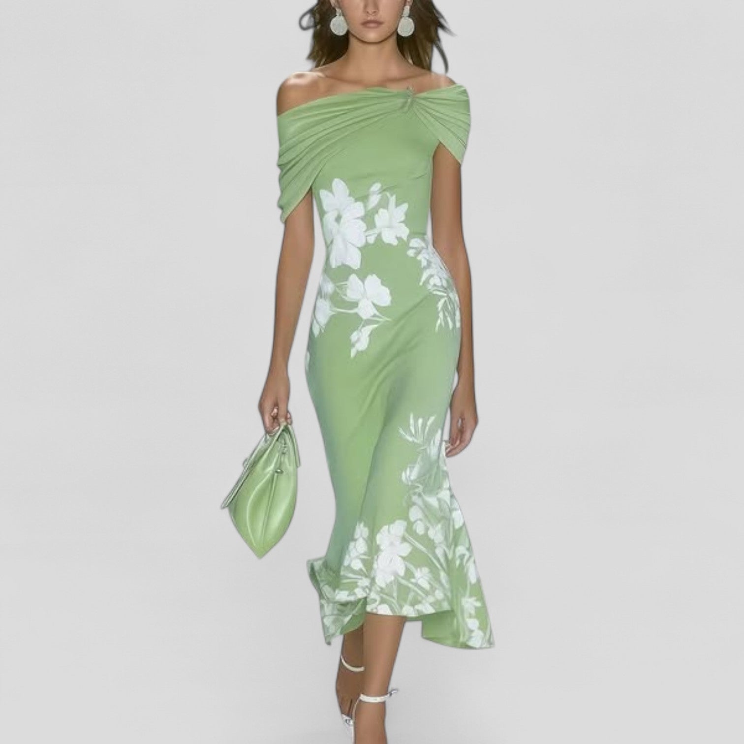 Abito midi elegante salvia con spalle scoperte e drappeggio, stampa floreale bianca