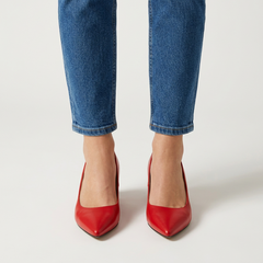 Scarpe decolleté comode donna rosse, punta affusolata e tacco quadrato
