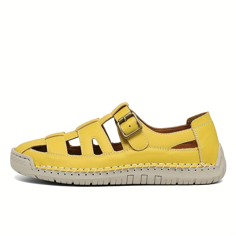 Sandali comfort Solea leggeri gialli, vista laterale, cinturino con fibbia