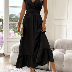 Abito midi nero con scollo a V, cintura arricciata e gonna a balze