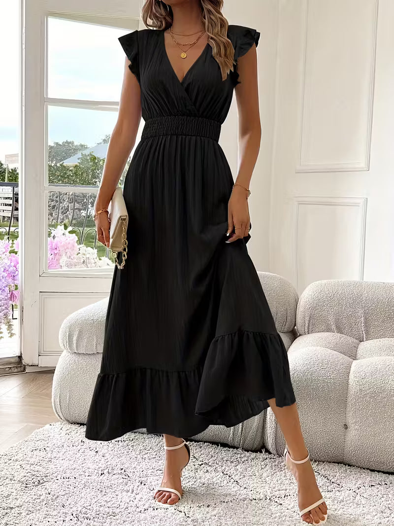 Abito midi nero con scollo a V, cintura arricciata e gonna a balze
