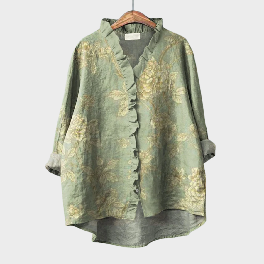 Blusa estiva verde con stampa floreale, scollo a V con bottoni e volant frontali