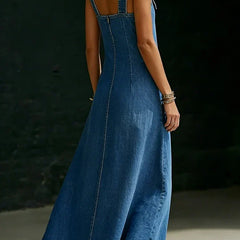 Blue denim sleeveless long dress, racerback-style straps, A-line skirt