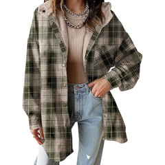 Relaxed-fit hooded plaid jacket in olive green and black with button front