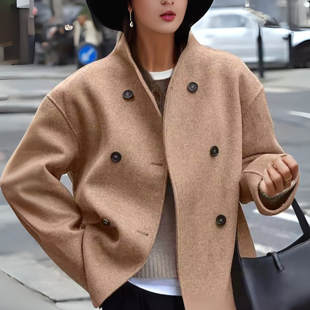 Camel beige long-sleeve stand-collar coat with double-breasted buttons