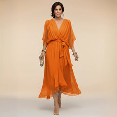 Orange V-neck wrap midi dress with draped sleeves and tied waist