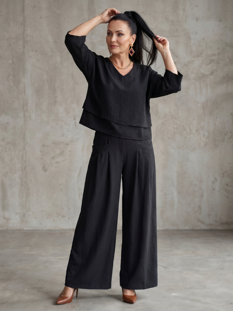 Black layered V-neck top with wide-leg pants set, front full-length