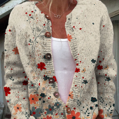 Cream floral knit cardigan with button front, V-neck, long sleeves