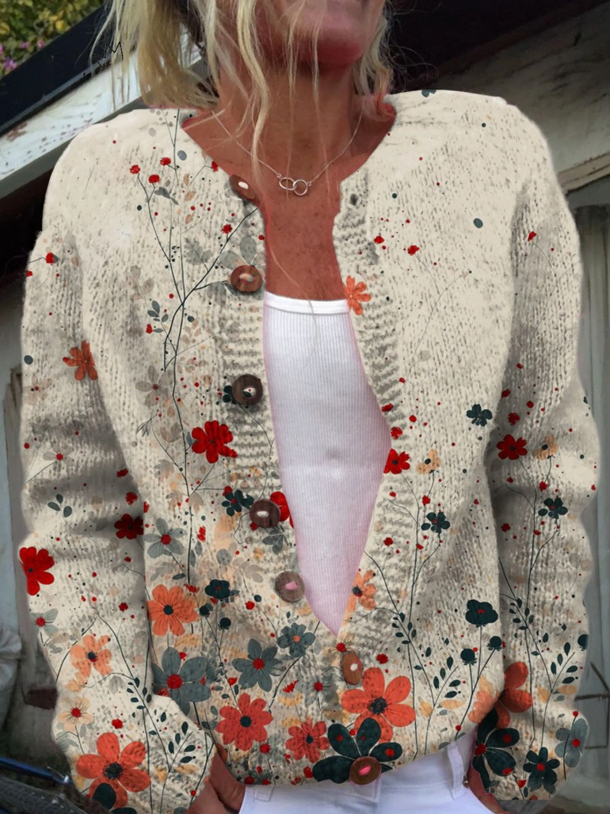 Cream floral knit cardigan with button front, V-neck, long sleeves