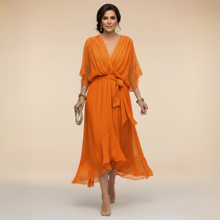 Abito elegante arancione con scollo a V, maniche a mantella e cintura annodata