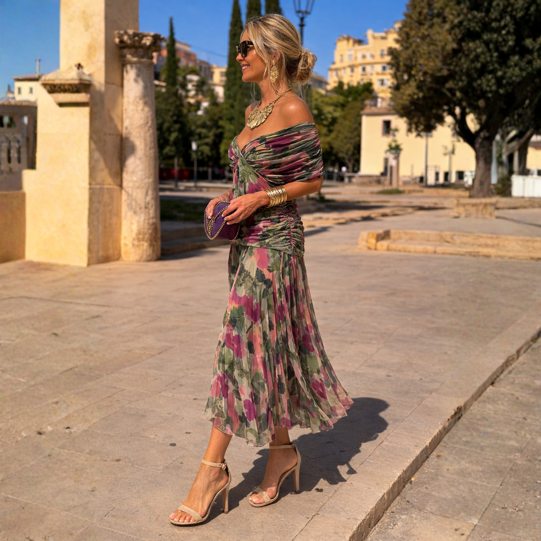 Abito maxi a fiori multicolore con scollo drappeggiato e gonna in chiffon