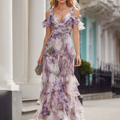 Lavender floral cold-shoulder tiered maxi dress with V-neck and tiered ruffle skirt