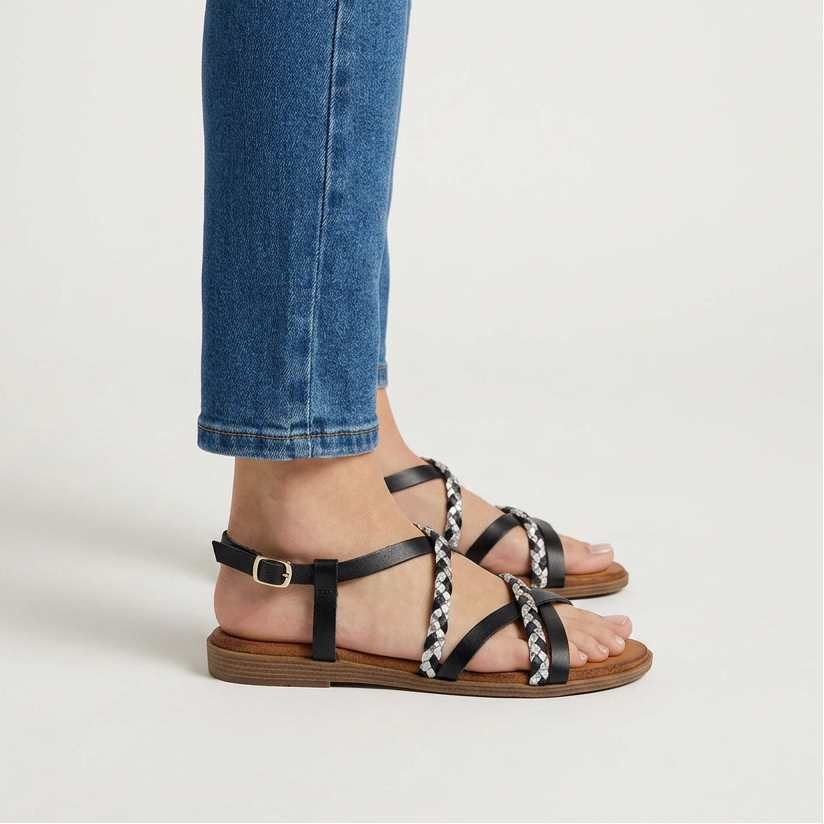 Sandali flat donna neri con cinturino alla caviglia e intreccio bicolore