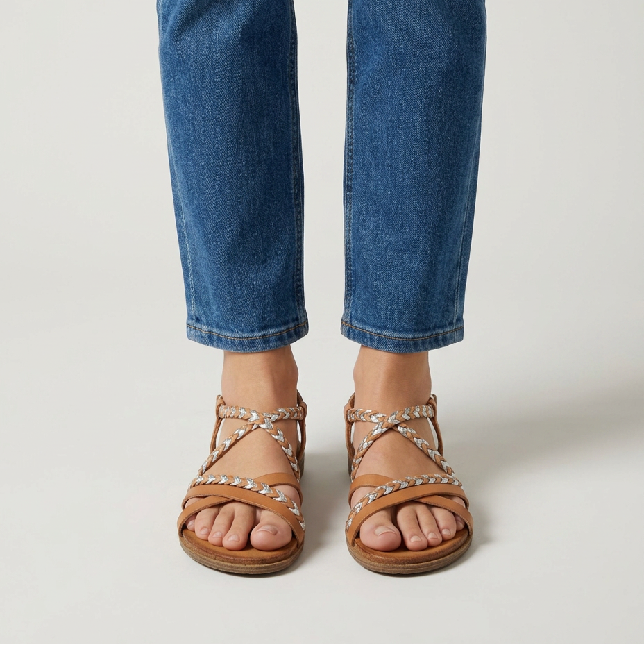 Sandali flat donna beige con cinturino alla caviglia e intreccio bicolore