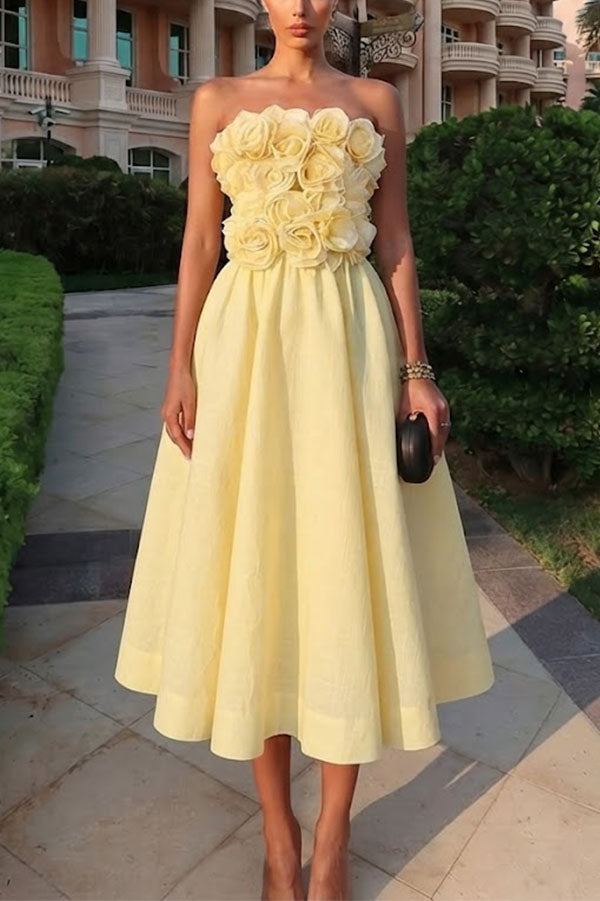 3D Rosette Strapless Midi Dress