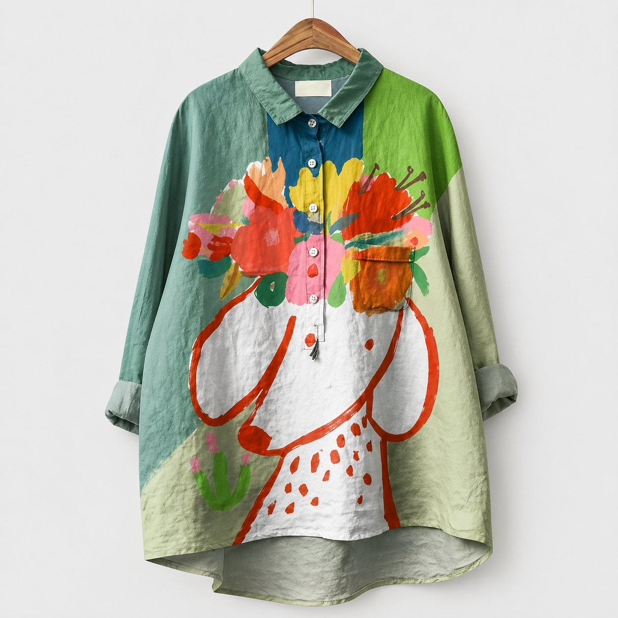 Blusa estiva verde con stampa floreale multicolore e bottoni frontali