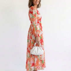 Long-sleeve floral maxi dress in coral and white with lightweight chiffon look