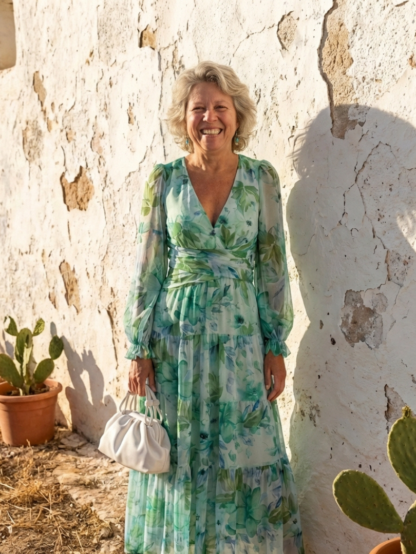 Althea long sleeve floral maxi dress in teal-green with tiered skirt and V-neck
