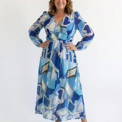 Long-sleeve patterned maxi dress in blue and white with gathered waist detail