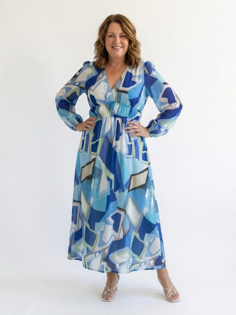 Long-sleeve patterned maxi dress in blue and white with gathered waist detail