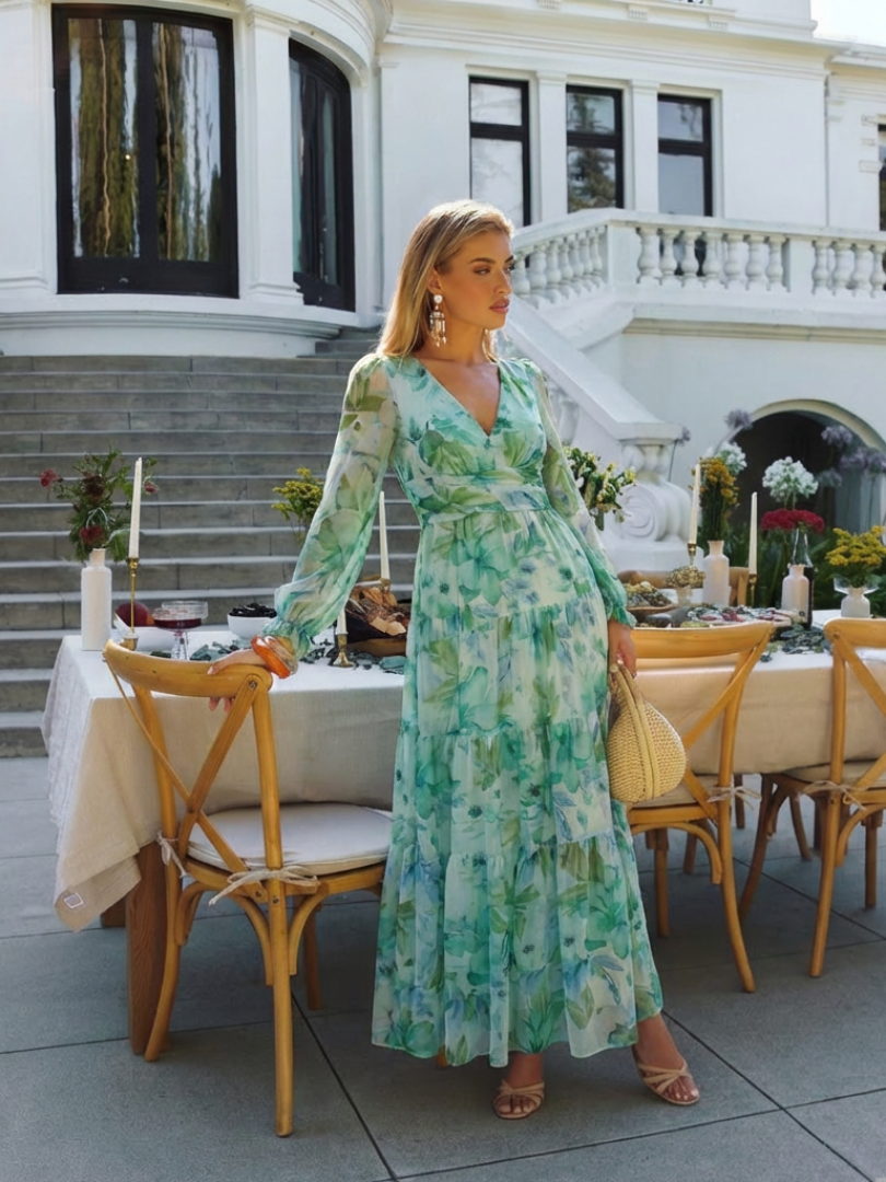 Althea long sleeve floral maxi dress, teal-green print, V-neck and tiered skirt