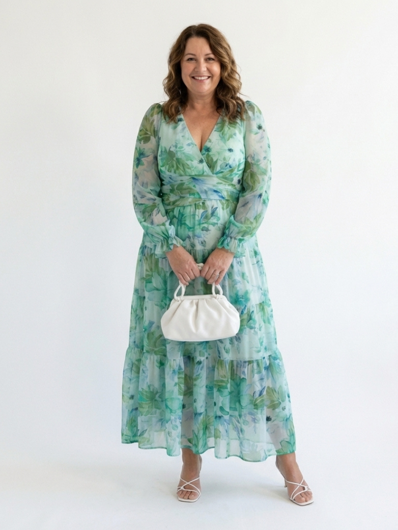 Althea long sleeve floral maxi dress, teal-green floral print, V-neck and gathered waist