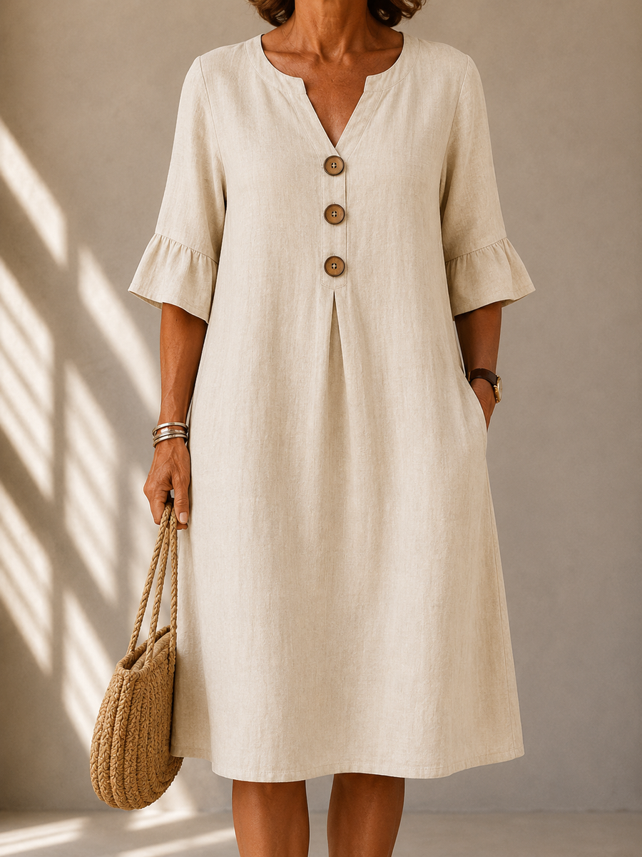 Light beige button-front midi dress with V-neck and three-quarter ruffle sleeves