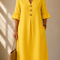 Yellow button-front midi dress with V-neck and three button placket, bell sleeves