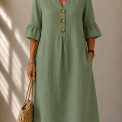 Sage green button-front midi dress, V-neck, bell sleeves