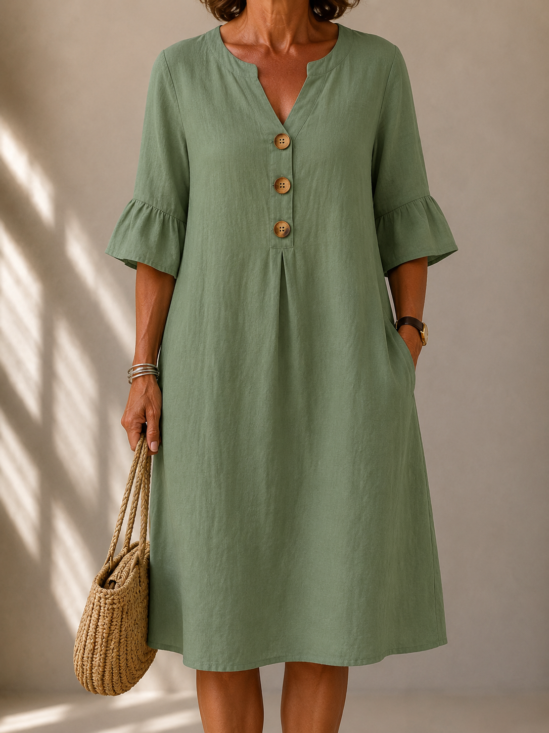 Sage green button-front midi dress, V-neck, bell sleeves