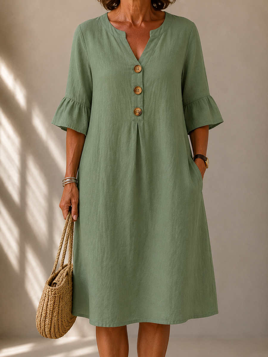 Sage green button-front midi dress, V-neck, bell sleeves