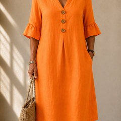 Orange button-front midi dress with V-neck and short ruffled sleeves