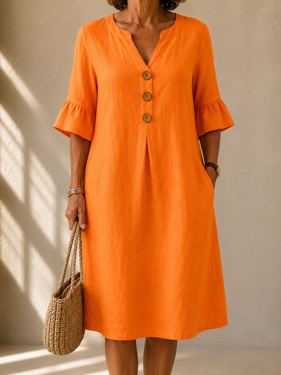 Orange button-front midi dress with V-neck and short ruffled sleeves