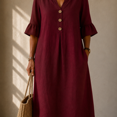 Burgundy button-front midi dress with V neckline and three front buttons, ruffle sleeves