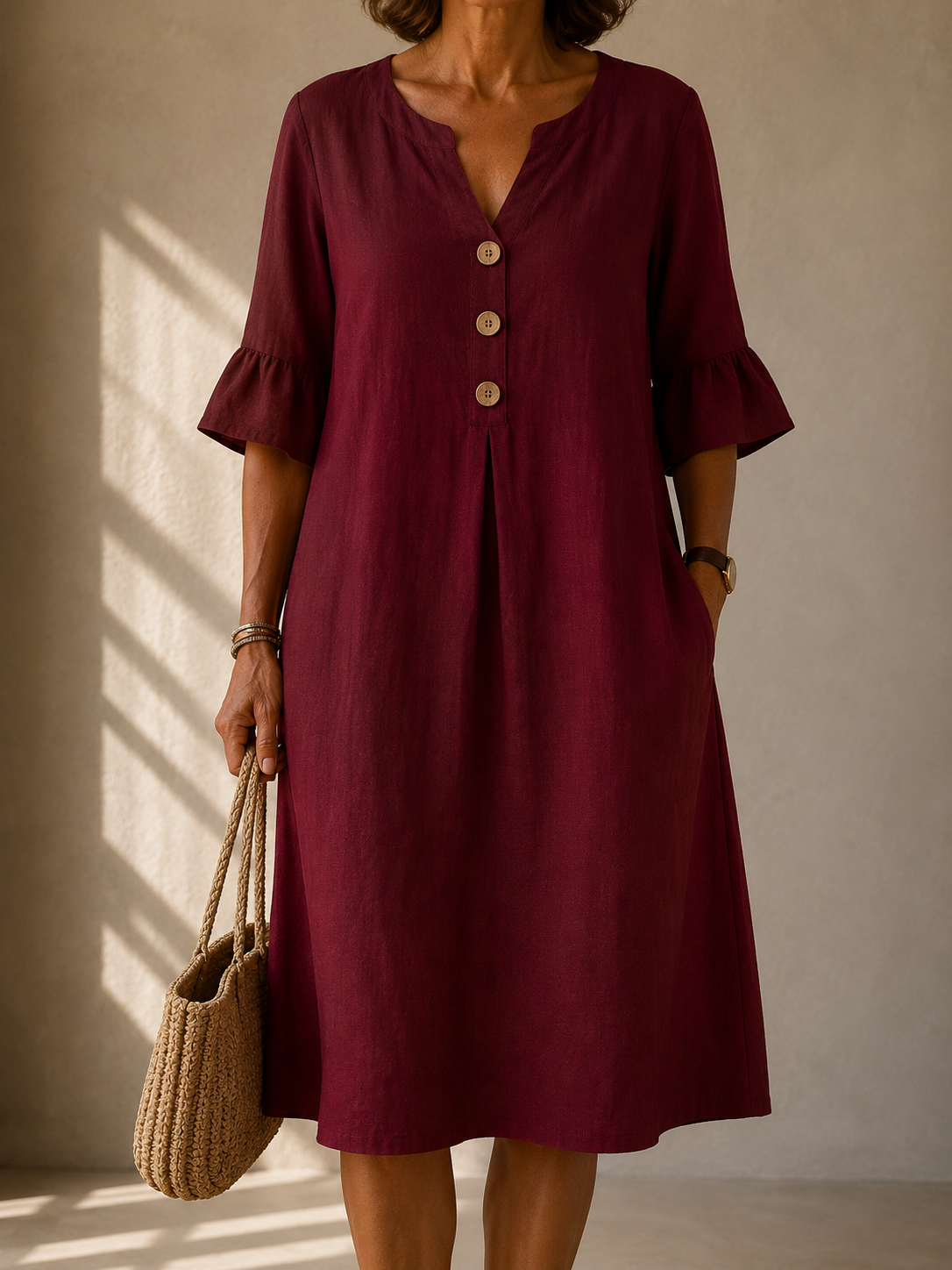 Burgundy button-front midi dress with V neckline and three front buttons, ruffle sleeves