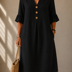 Black button-front midi dress, V-neck, short bell sleeves