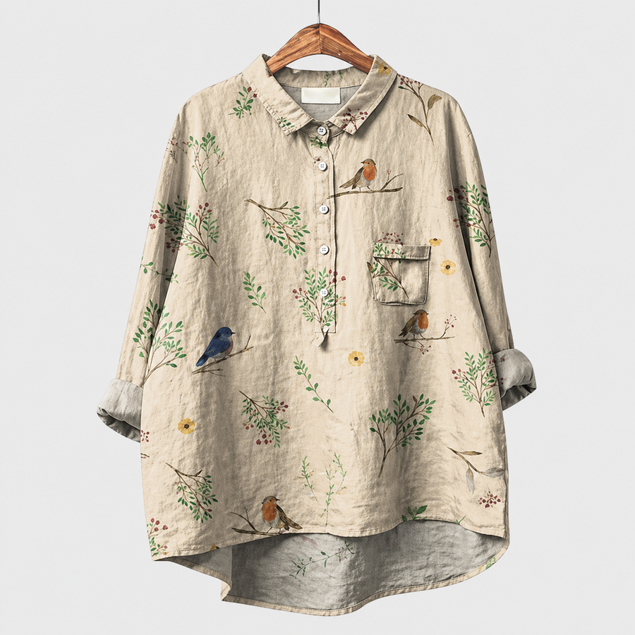 Blusa estiva beige in lino con colletto e bottoni, stampa uccelli e fiori