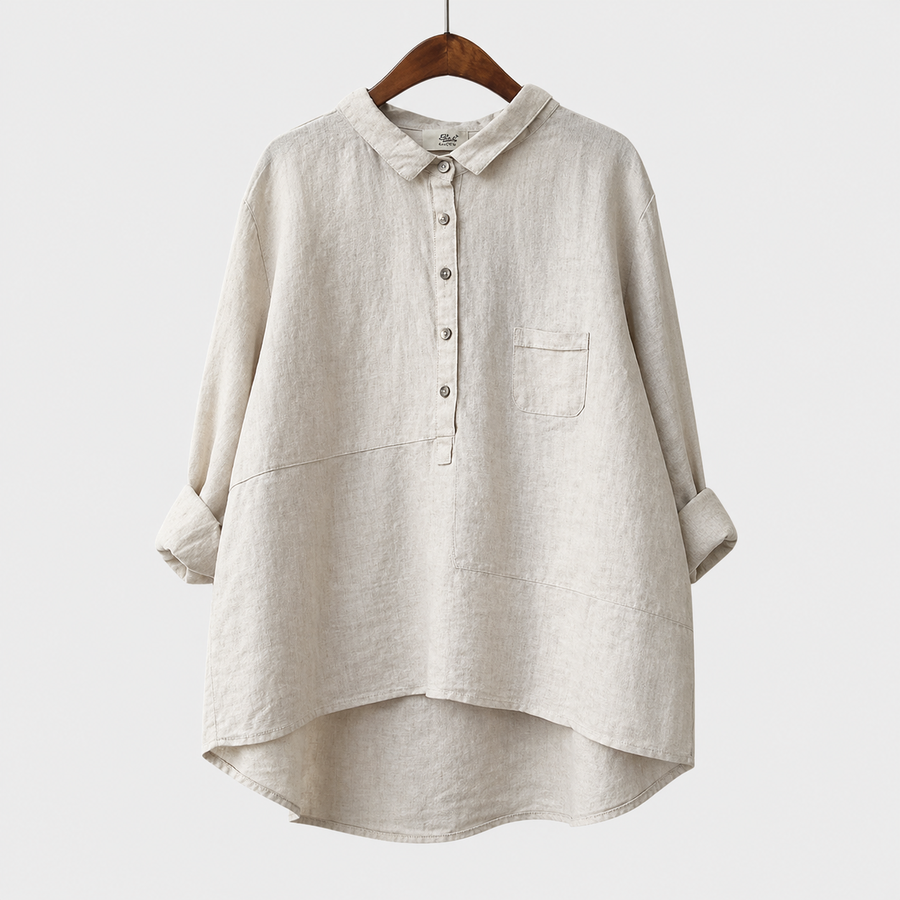 Blusa estiva in lino bianco con bottoni frontali, colletto e tasca sul petto