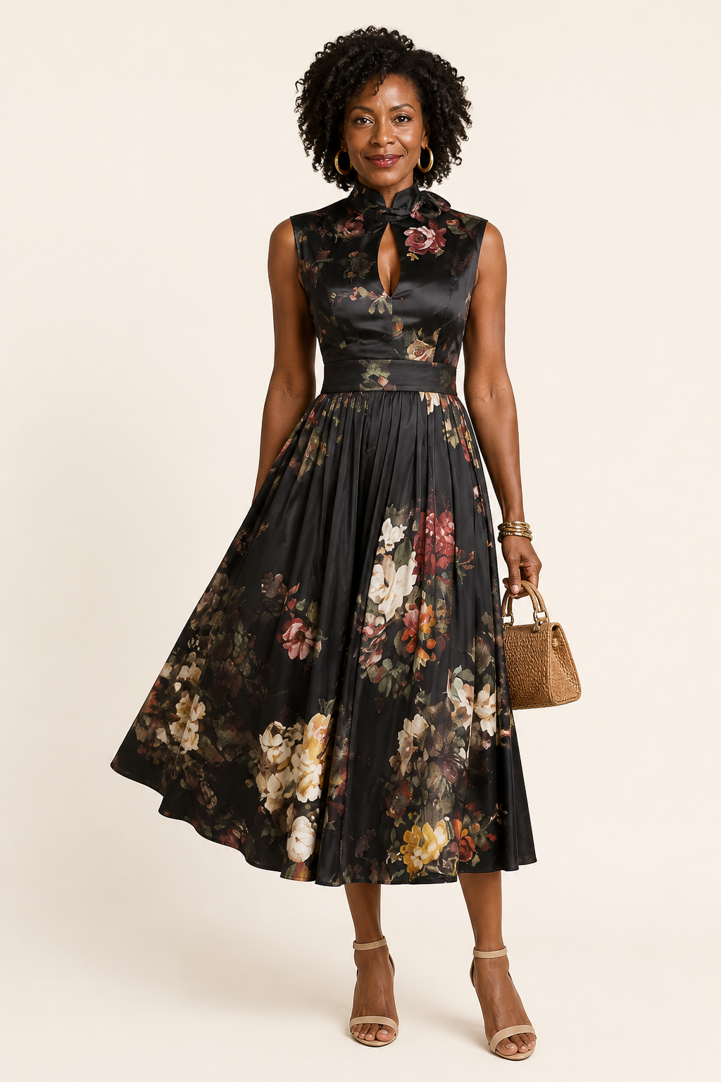 Black Keyhole Floral Midi Dress