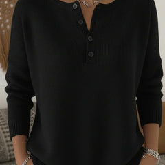 Black henley button-up knit sweater with front button placket