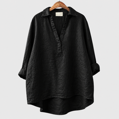 Blusa estiva oversize nera con scollo a V e colletto a camicia, maniche ampie