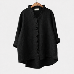 Blusa estiva nera in tessuto leggero con scollo a V e bottoni davanti