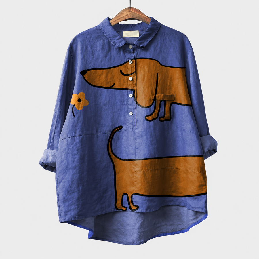 Blusa estiva blu con stampa di animali, bottoni frontali e colletto