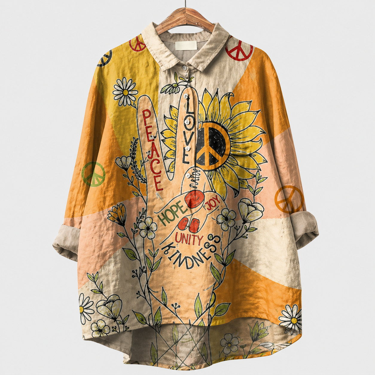 Blusa estiva elegante arancione con stampa floreale e testo, maniche a 3/4