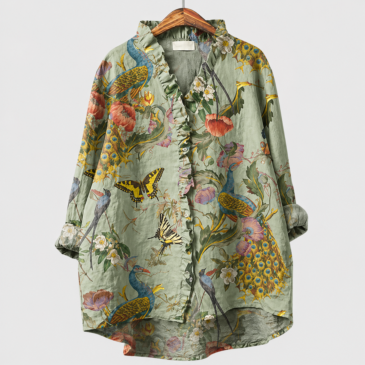 Blusa estiva elegante verde a fiori con bottoni e scollo a V